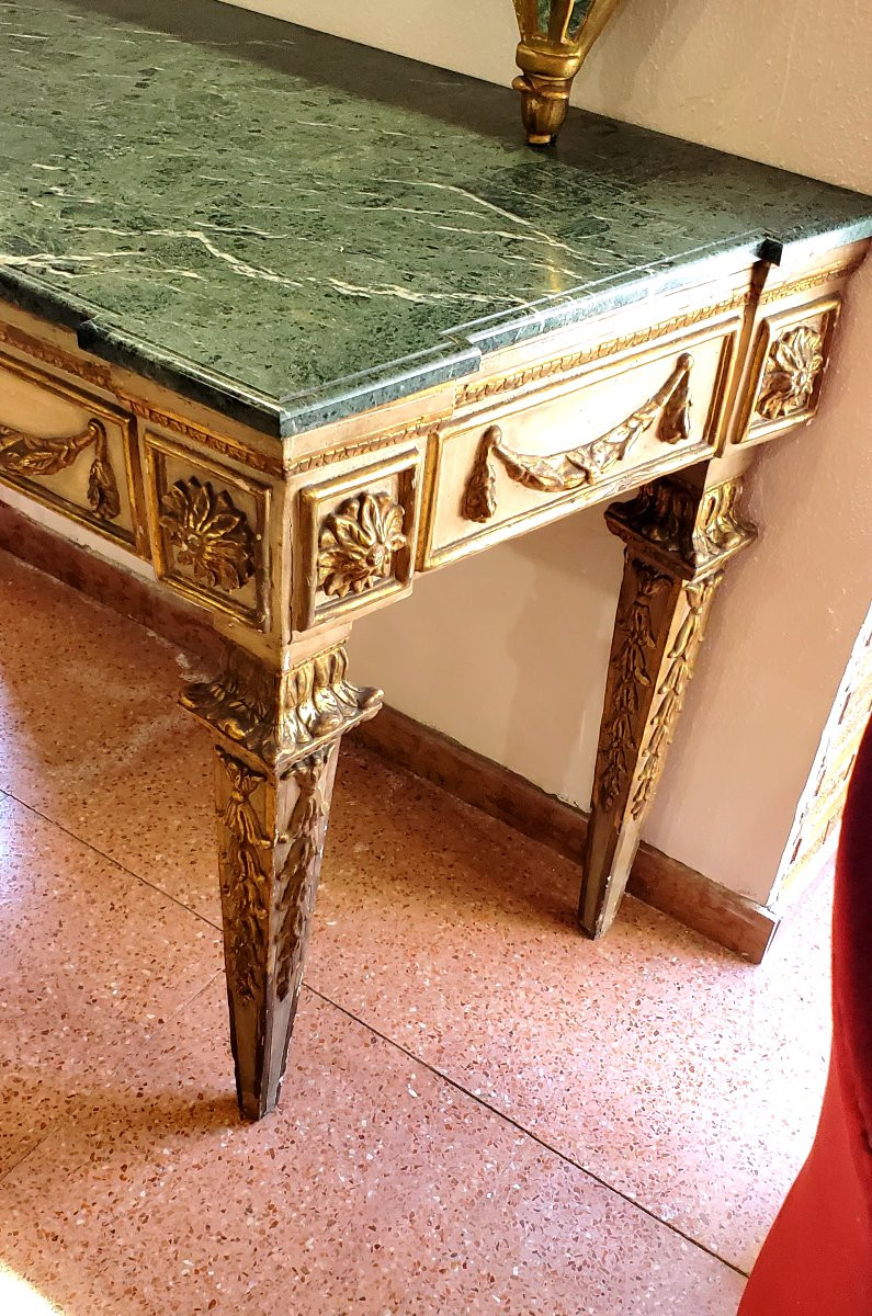 Antica Consolle a 4 gambe epoca  Luigi XVI  con specchiera in legno scolpito originale -photo-2