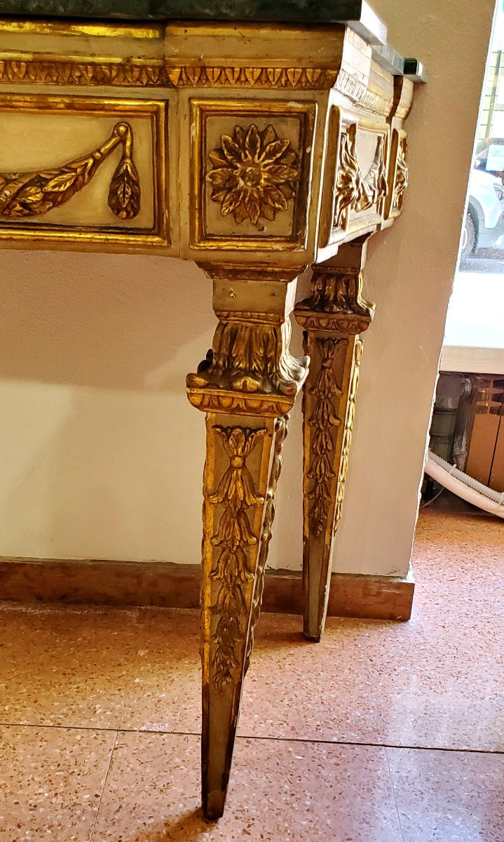 Antica Consolle a 4 gambe epoca  Luigi XVI  con specchiera in legno scolpito originale -photo-4