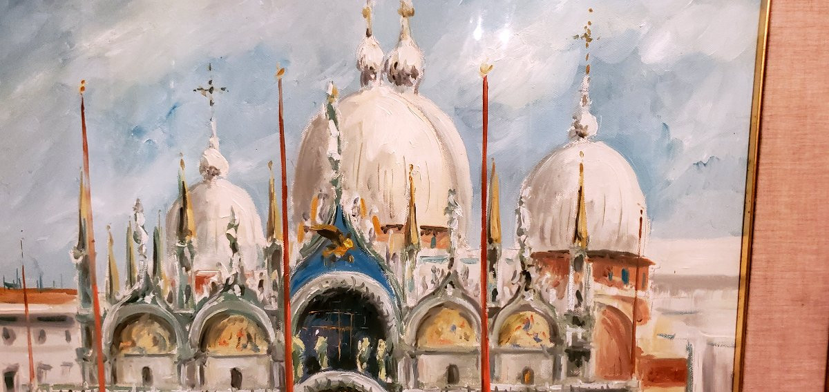 dipinto olio su tela raffigurante piazza San Marco e la basilica di San Marco -photo-3