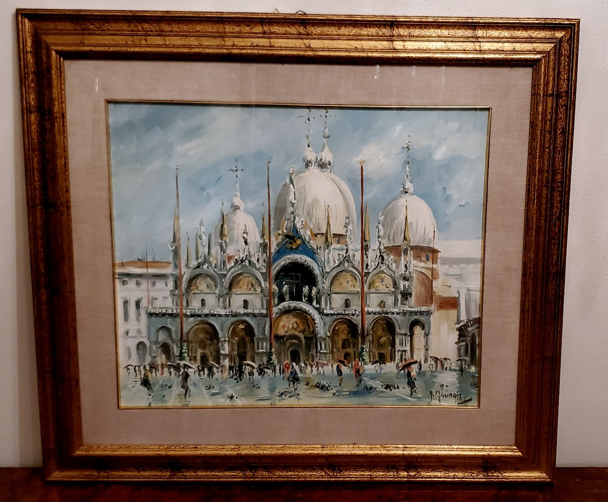 dipinto olio su tela raffigurante piazza San Marco e la basilica di San Marco 