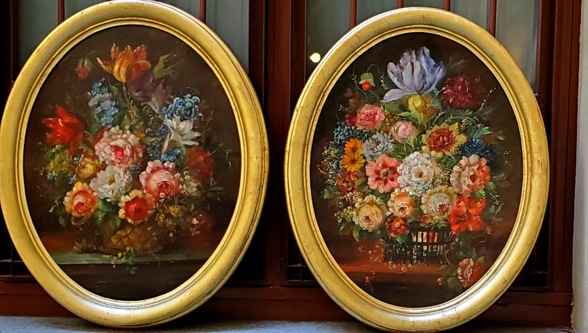 2 Dipinti olio su tela  soggetto nature morte floreali , periodo fine 1800 primi 1900 -photo-2