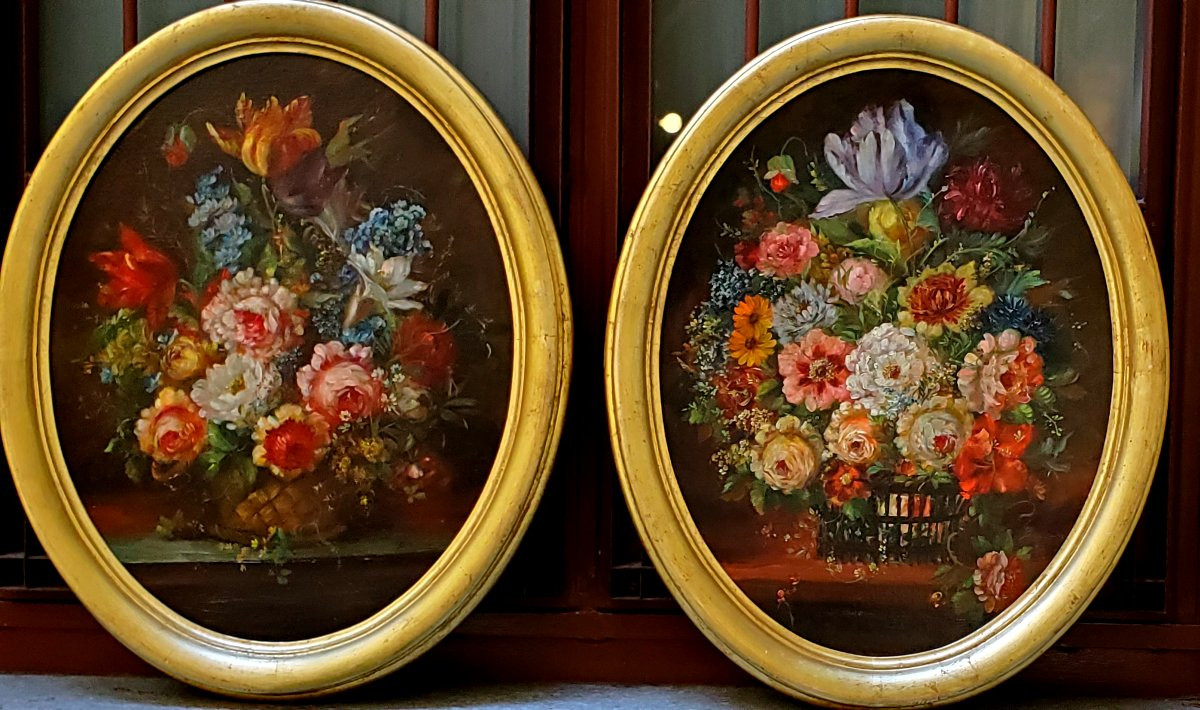 2 Dipinti olio su tela  soggetto nature morte floreali , periodo fine 1800 primi 1900 -photo-1