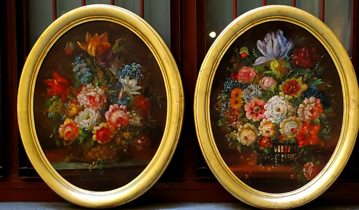 2 Dipinti olio su tela  soggetto nature morte floreali , periodo fine 1800 primi 1900 -photo-2