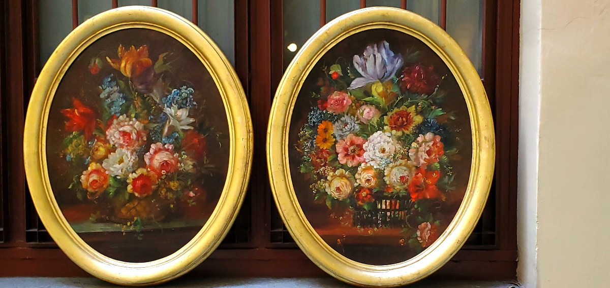 2 Dipinti olio su tela  soggetto nature morte floreali , periodo fine 1800 primi 1900 
