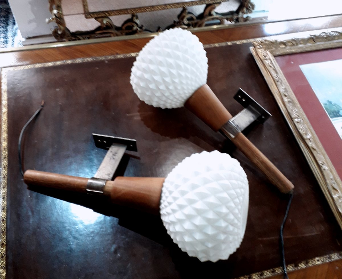 2 Applique Art Deco in vetro e legno , a forma di torciera .-photo-1