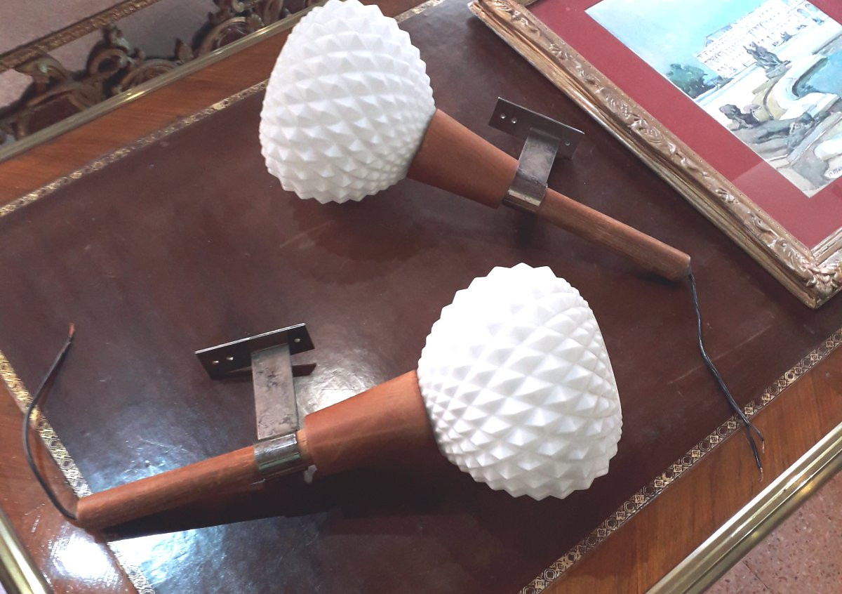 2 Applique Art Deco in vetro e legno , a forma di torciera .-photo-4