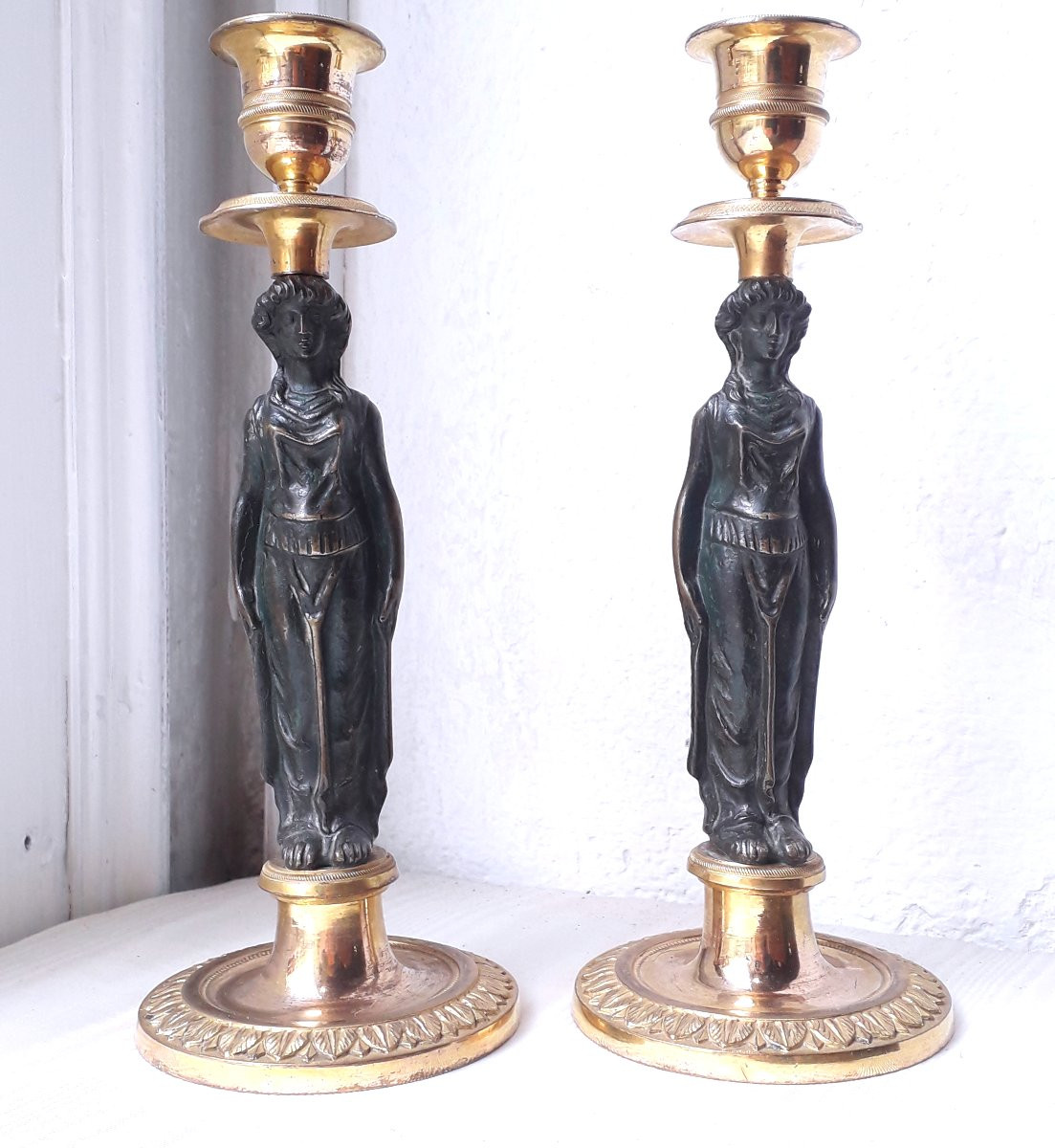 2 candelieri Impero in bronzo naturale e bronzo dorato 18 kt -photo-4