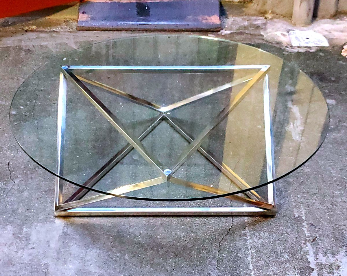 Tavolino da salotto stile anni 1970 ,base in ferro cromata piano in cristallo -photo-2