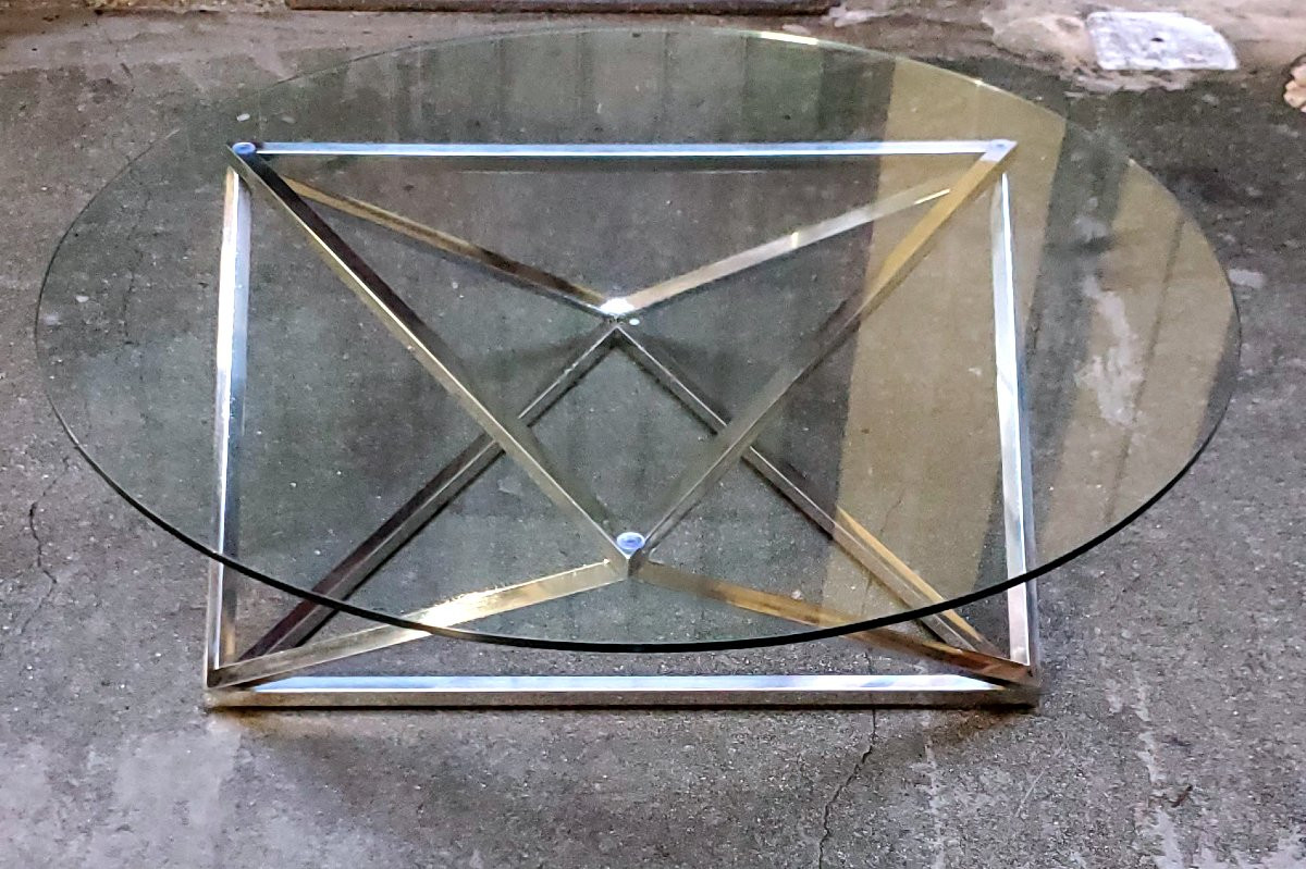 Tavolino da salotto stile anni 1970 ,base in ferro cromata piano in cristallo -photo-2