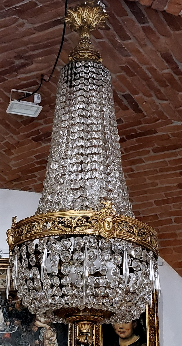 Lampadario Napoleone III in bronzo dorato e cristalli hauteur  120 cm  
