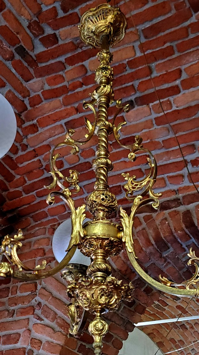 Antico Lampadario stile Barocco epoca seconda metà 1800 in bronzo dorato -photo-3