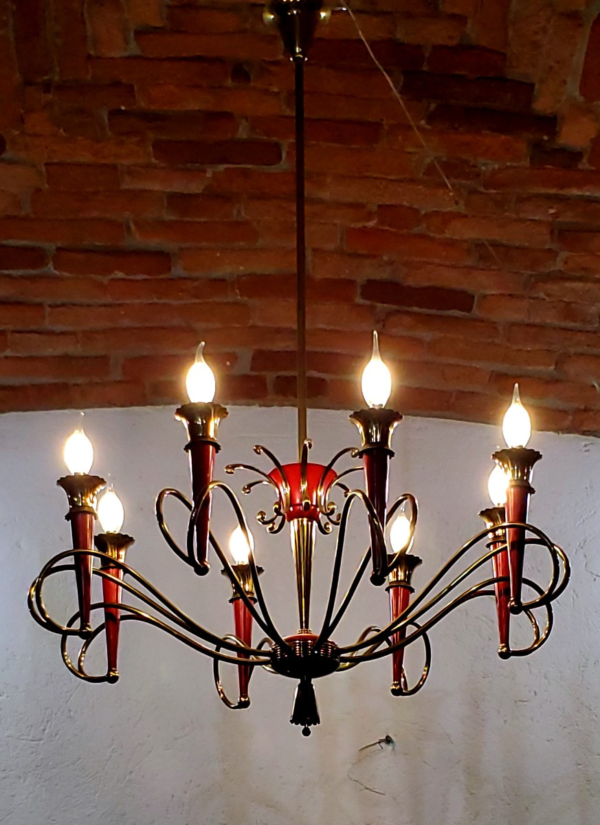Lampadario Art Deco manifattura Italiana in ferro dorato e laccato .-photo-2