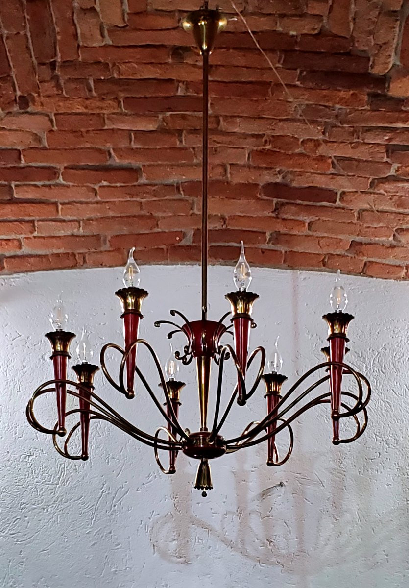 Lampadario Art Deco manifattura Italiana in ferro dorato e laccato .-photo-3