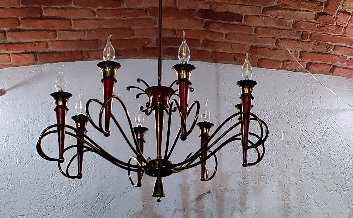 Lampadario Art Deco manifattura Italiana in ferro dorato e laccato .-photo-1
