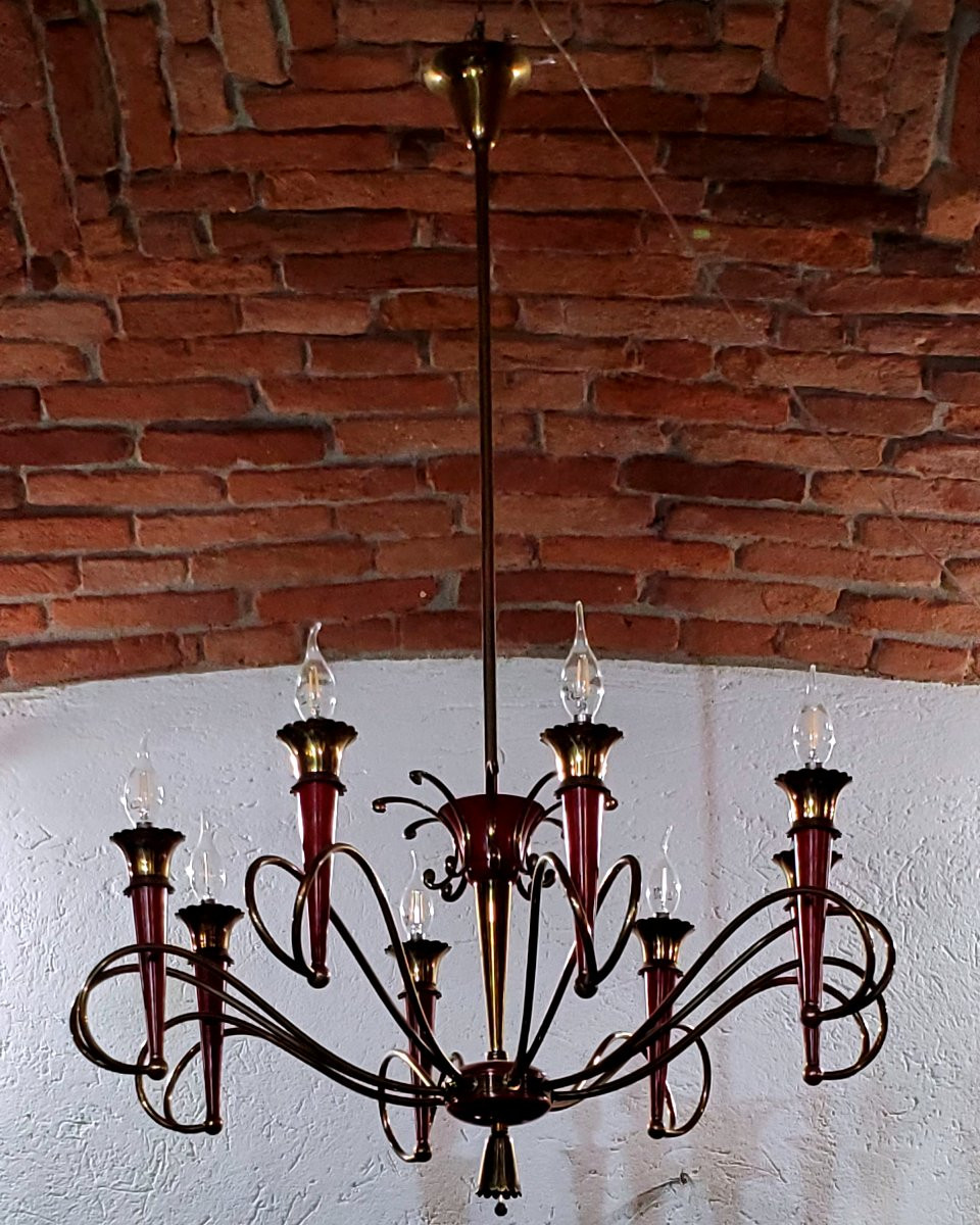 Lampadario Art Deco manifattura Italiana in ferro dorato e laccato .-photo-2