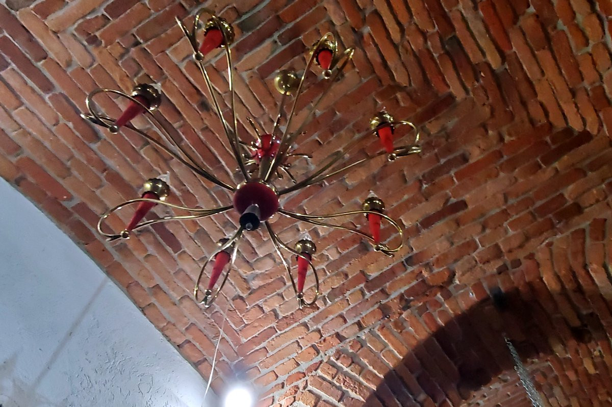 Lampadario Art Deco manifattura Italiana in ferro dorato e laccato .-photo-6