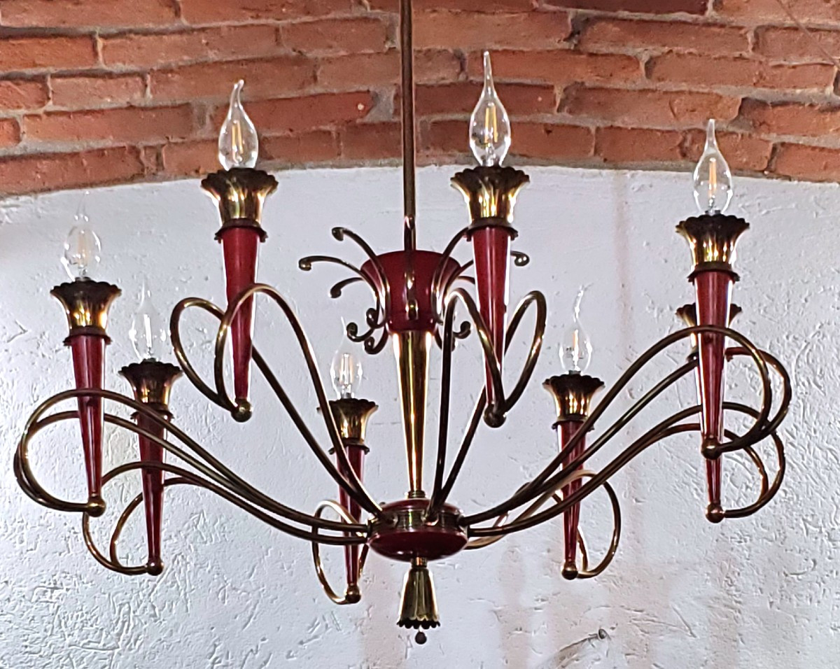 Lampadario Art Deco manifattura Italiana in ferro dorato e laccato .