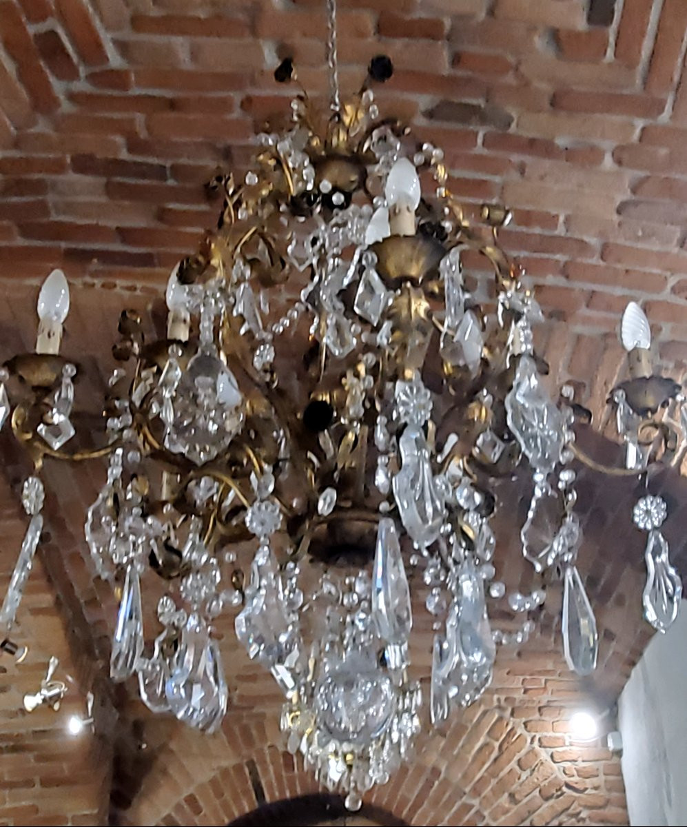 Lampadario in ferro battuto , e decorazioni foglie e fiori in lamierino -photo-3