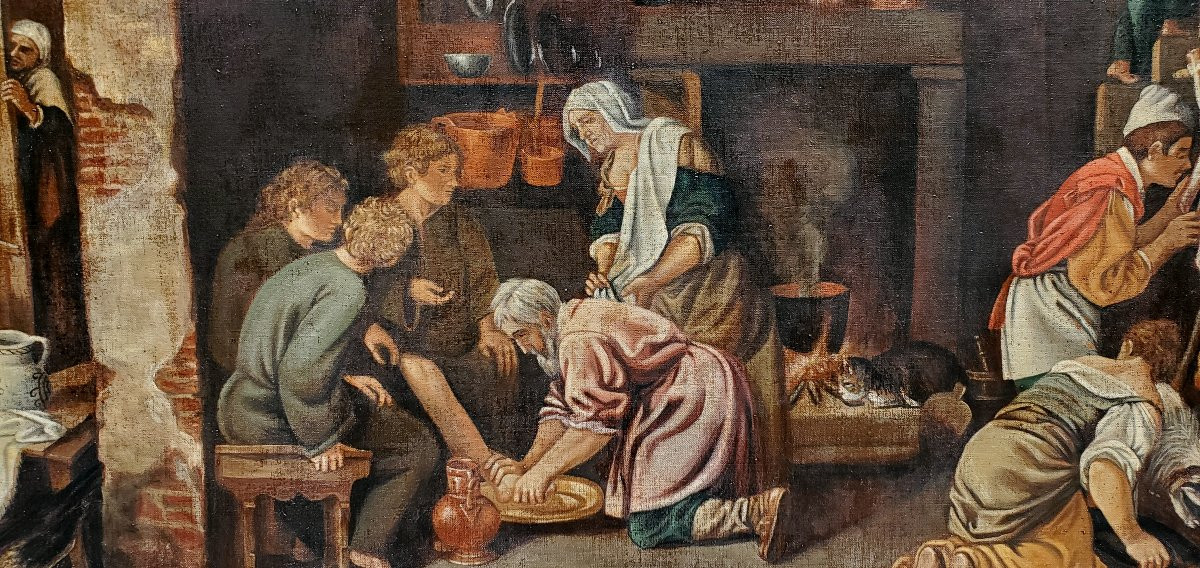Dipinto olio su tela epoca fine 1800 raffigurante scene di vita quotidiana-photo-2