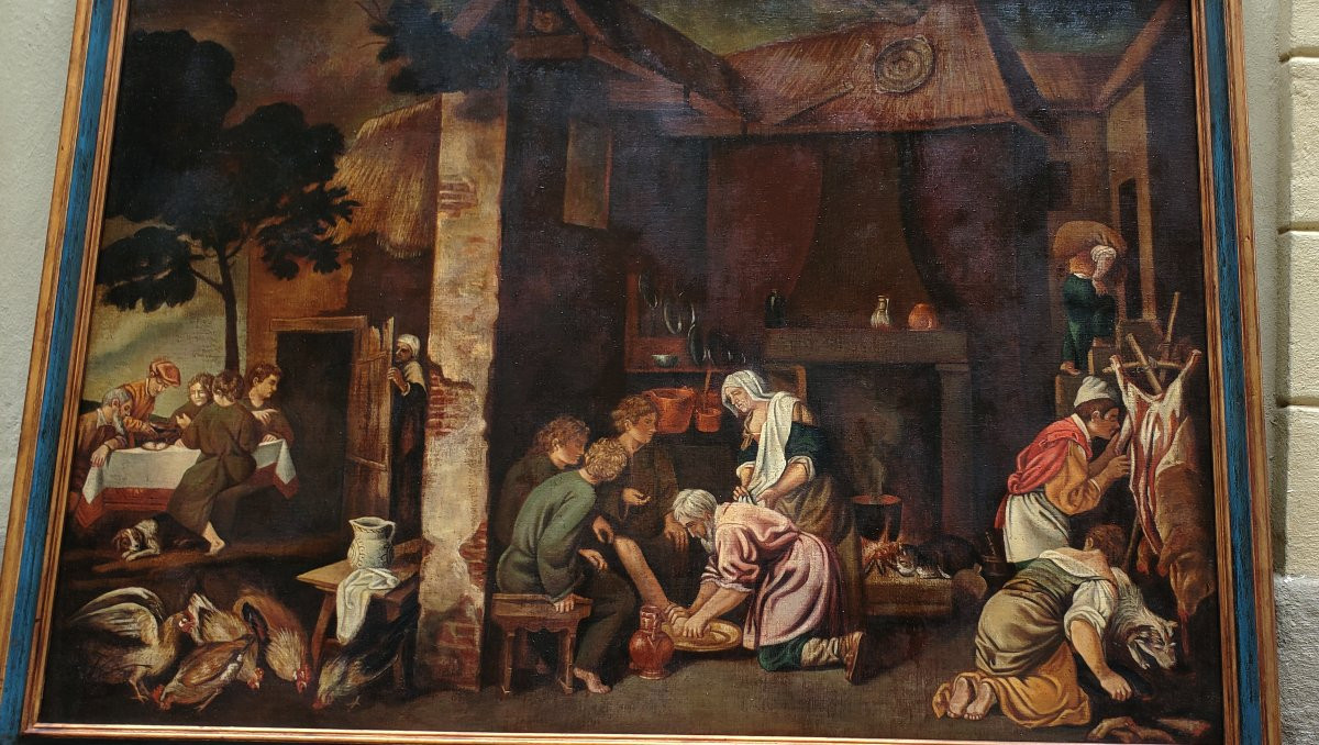 Dipinto olio su tela epoca fine 1800 raffigurante scene di vita quotidiana-photo-3