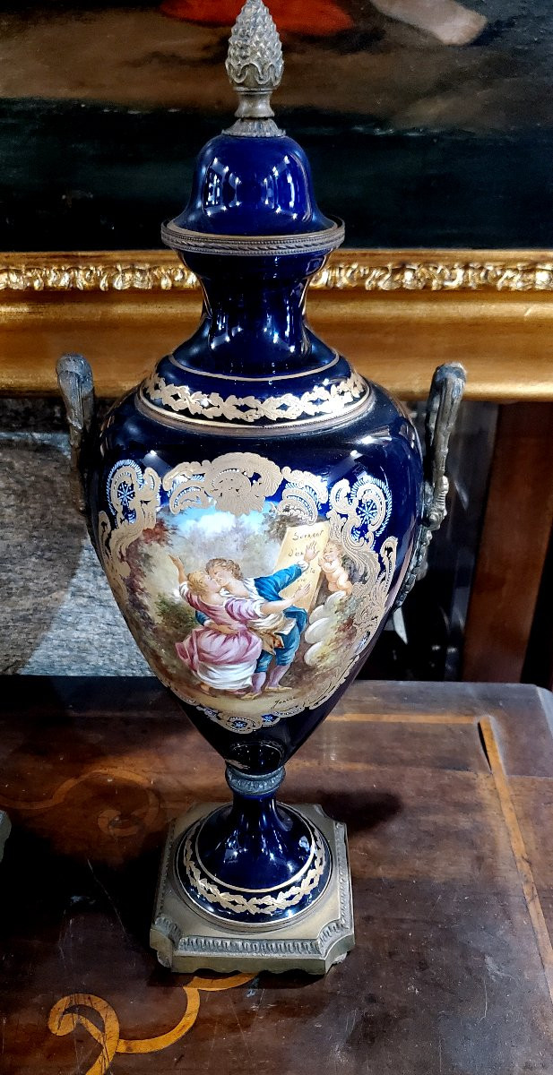 2 Antichi vasi Napoleone III  in porcellana blu cobalto ,alti 57 cm -photo-2