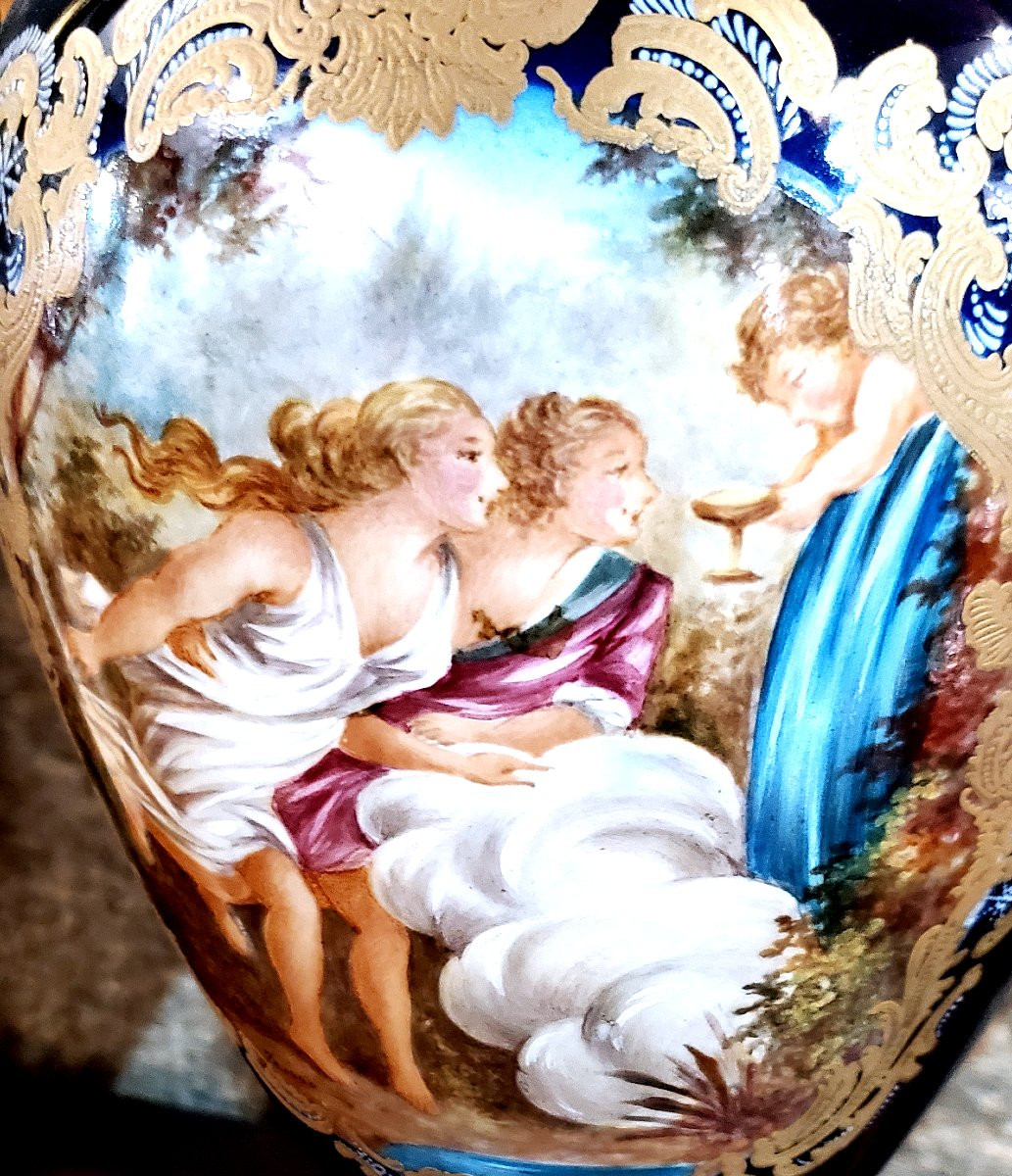 2 Antichi vasi Napoleone III  in porcellana blu cobalto ,alti 57 cm -photo-3