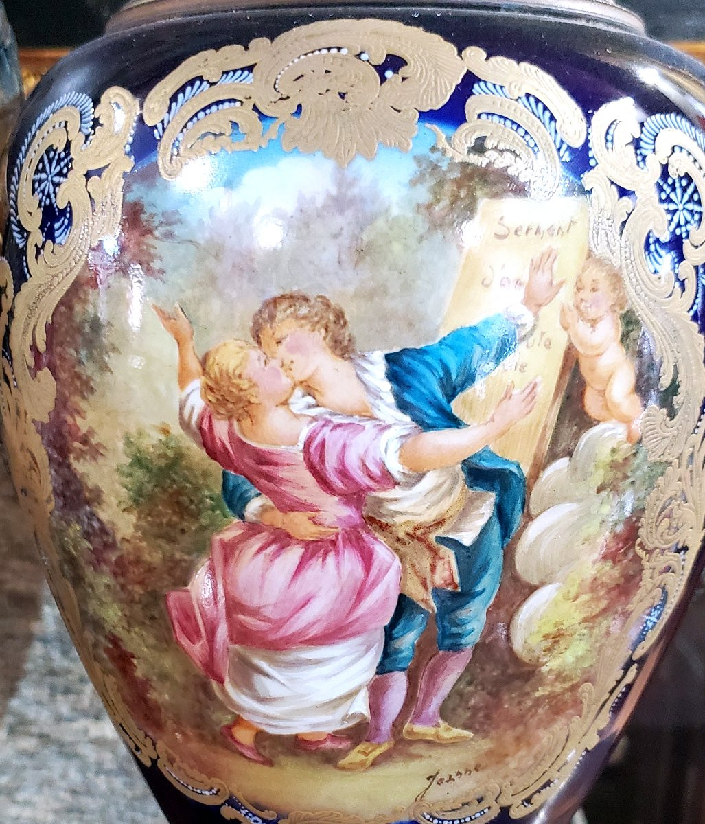 2 Antichi vasi Napoleone III  in porcellana blu cobalto ,alti 57 cm -photo-4