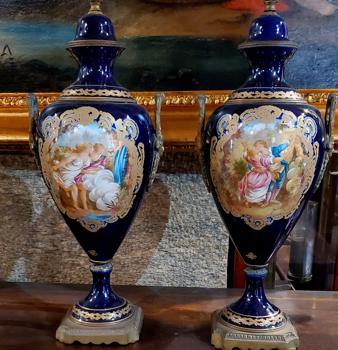 2 Antichi vasi Napoleone III  in porcellana blu cobalto ,alti 57 cm -photo-1