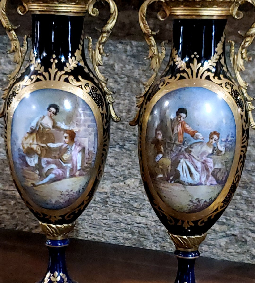 2 Antichi vasi in porcellana blu cobalto  timbrati manifattura di  Sevres-photo-3