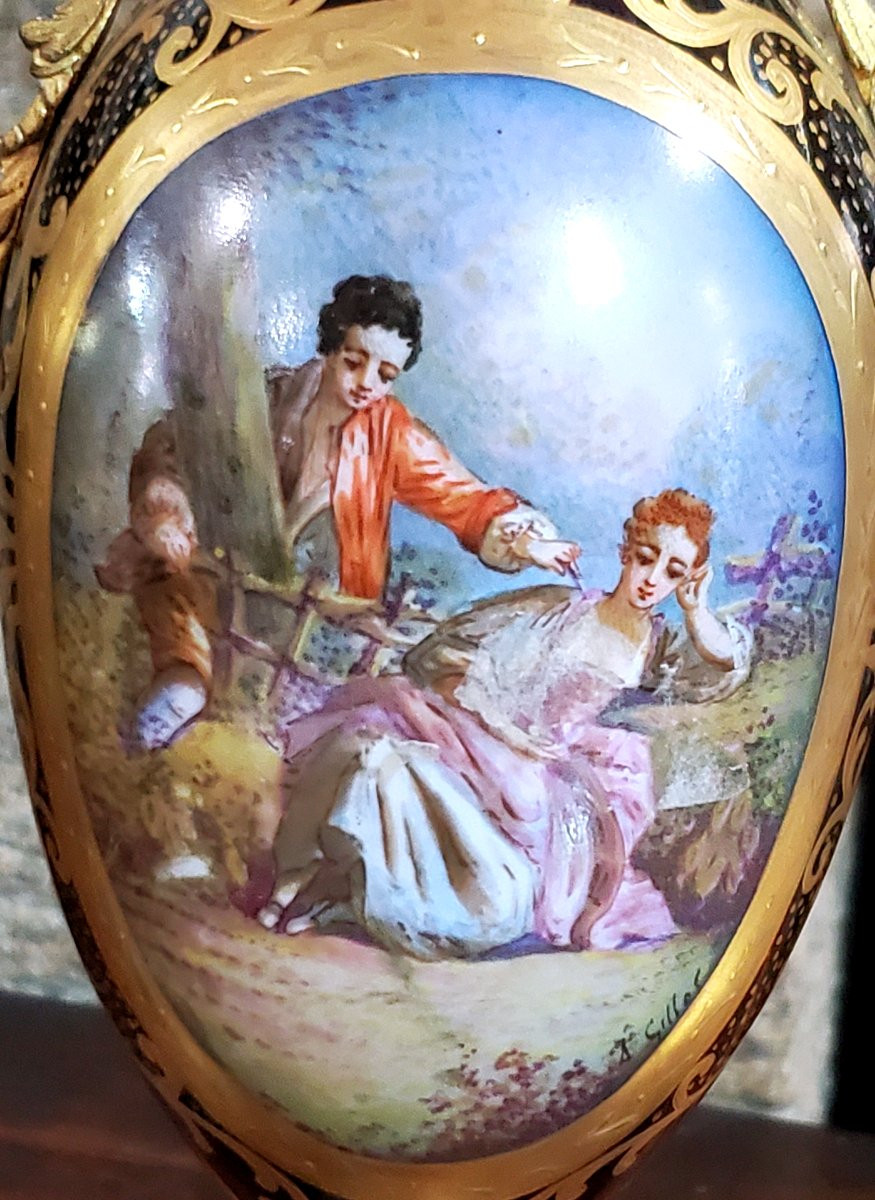 2 Antichi vasi in porcellana blu cobalto  timbrati manifattura di  Sevres-photo-5