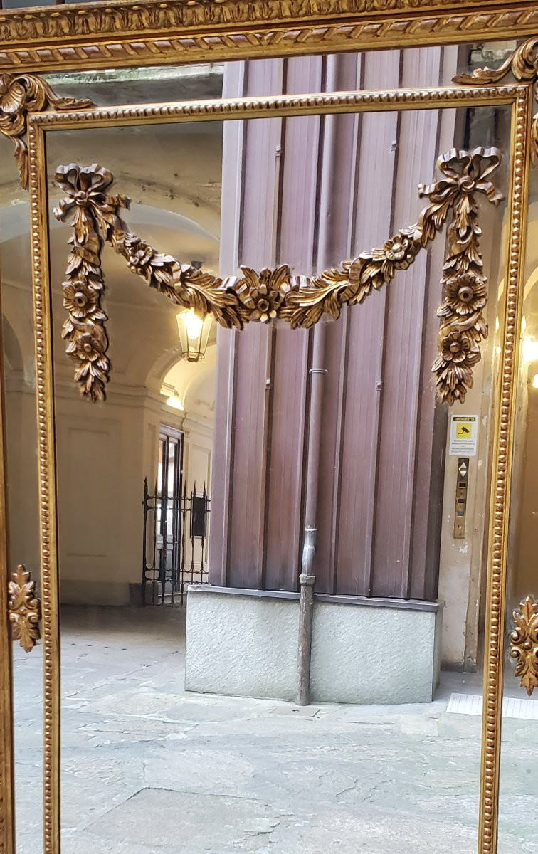 Specchiera dorata oro 18kt  stile Luigi XVI ,scolpita a mano su legno ,di manifattura Italiana -photo-8