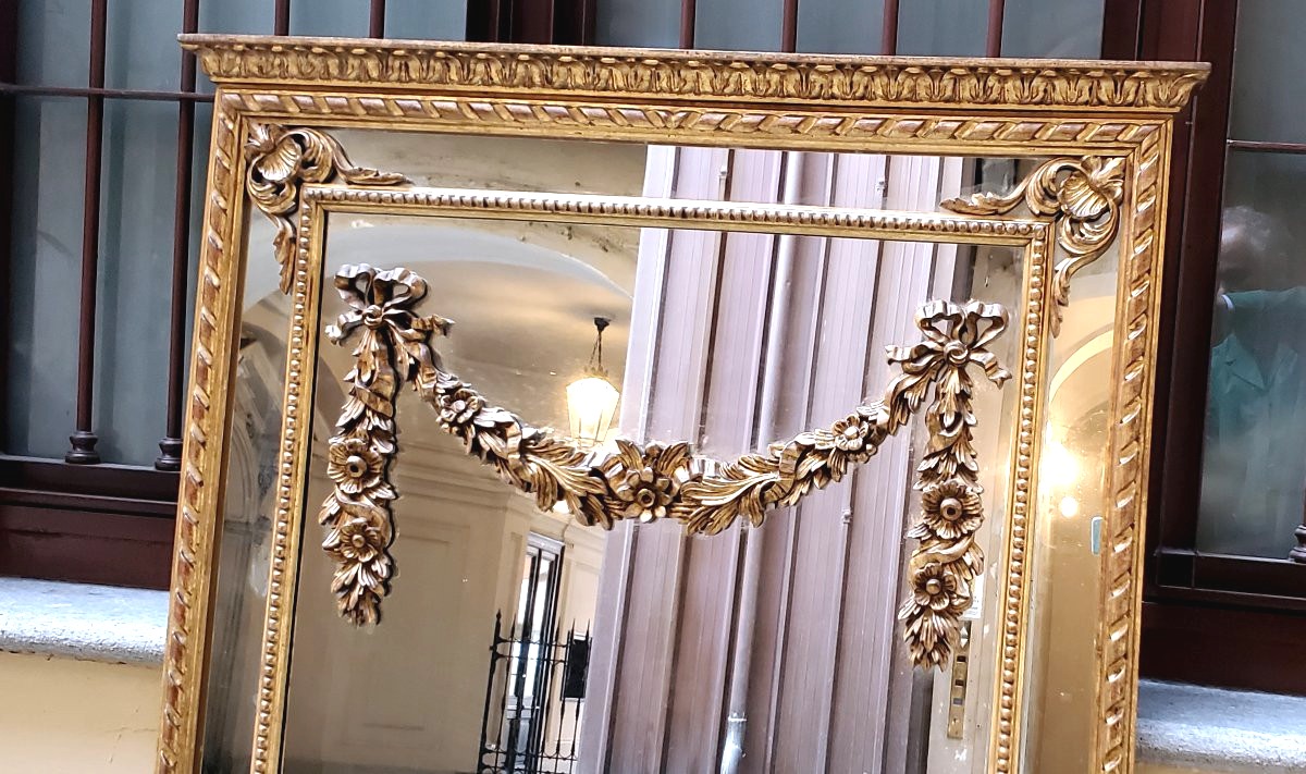 Specchiera dorata oro 18kt  stile Luigi XVI ,scolpita a mano su legno ,di manifattura Italiana -photo-7