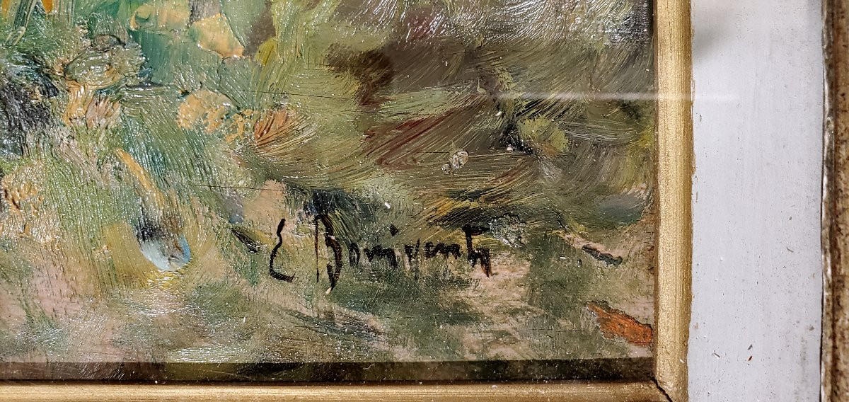 Dipinto olio su tavoletta di Eugenio Bonivento intitolato : mattino d'estate a Burano . -photo-3