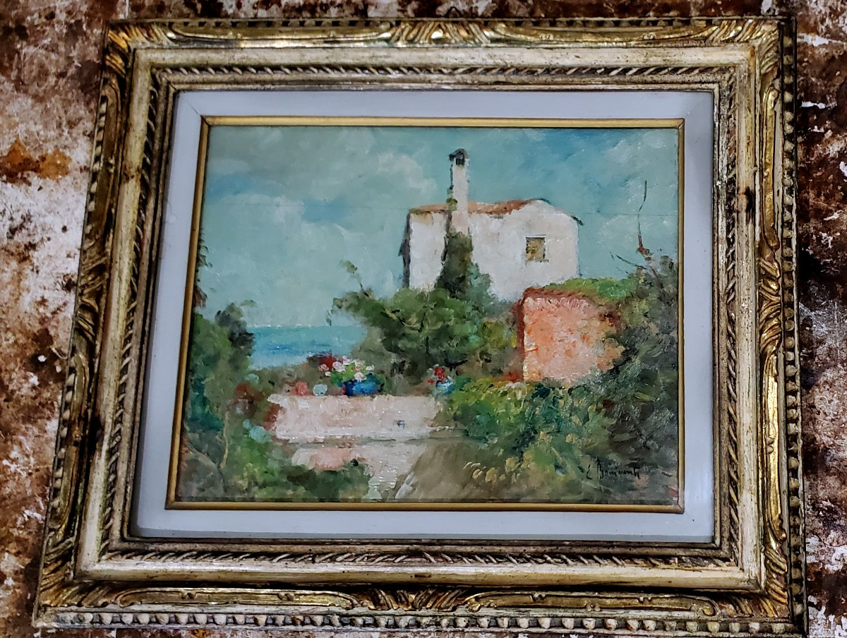 Dipinto olio su tavoletta di Eugenio Bonivento intitolato : mattino d'estate a Burano . 