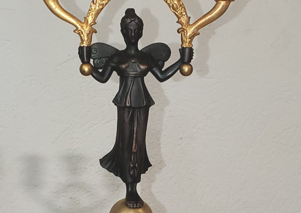 Due antichi candelieri a 3 fiamme  in bronzo dorato 18kt -photo-5