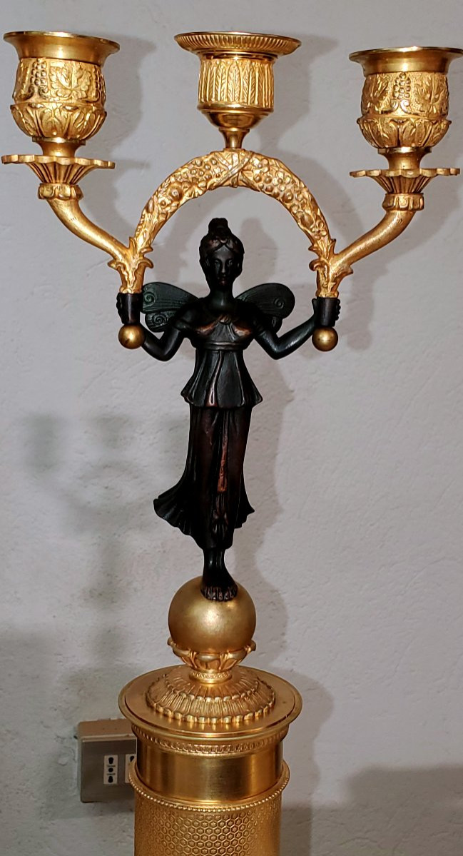 Due antichi candelieri a 3 fiamme  in bronzo dorato 18kt -photo-6