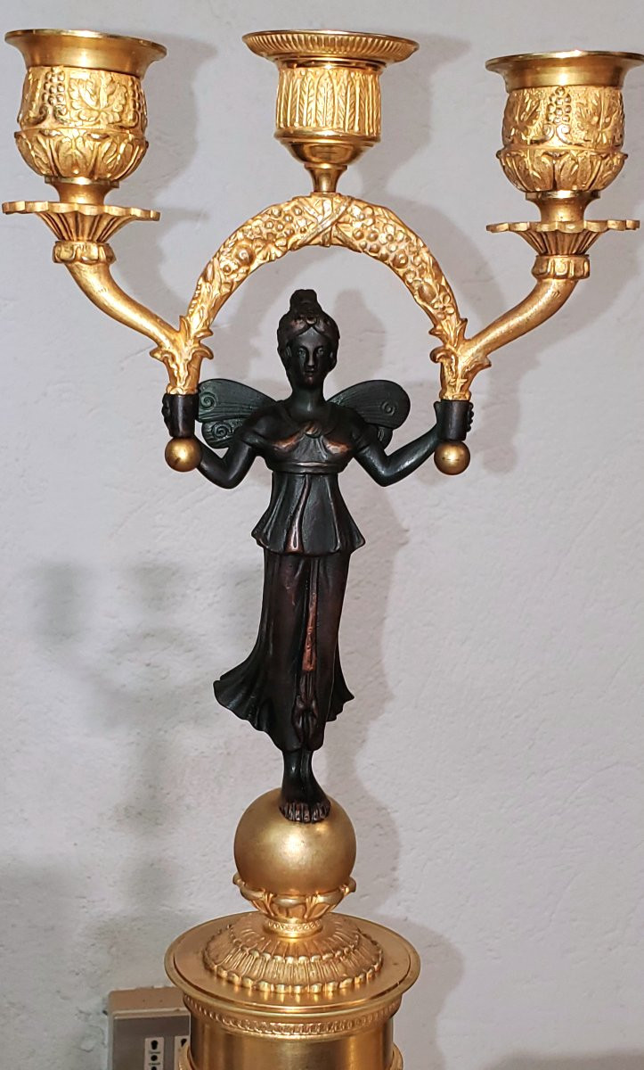 Due antichi candelieri a 3 fiamme  in bronzo dorato 18kt -photo-1