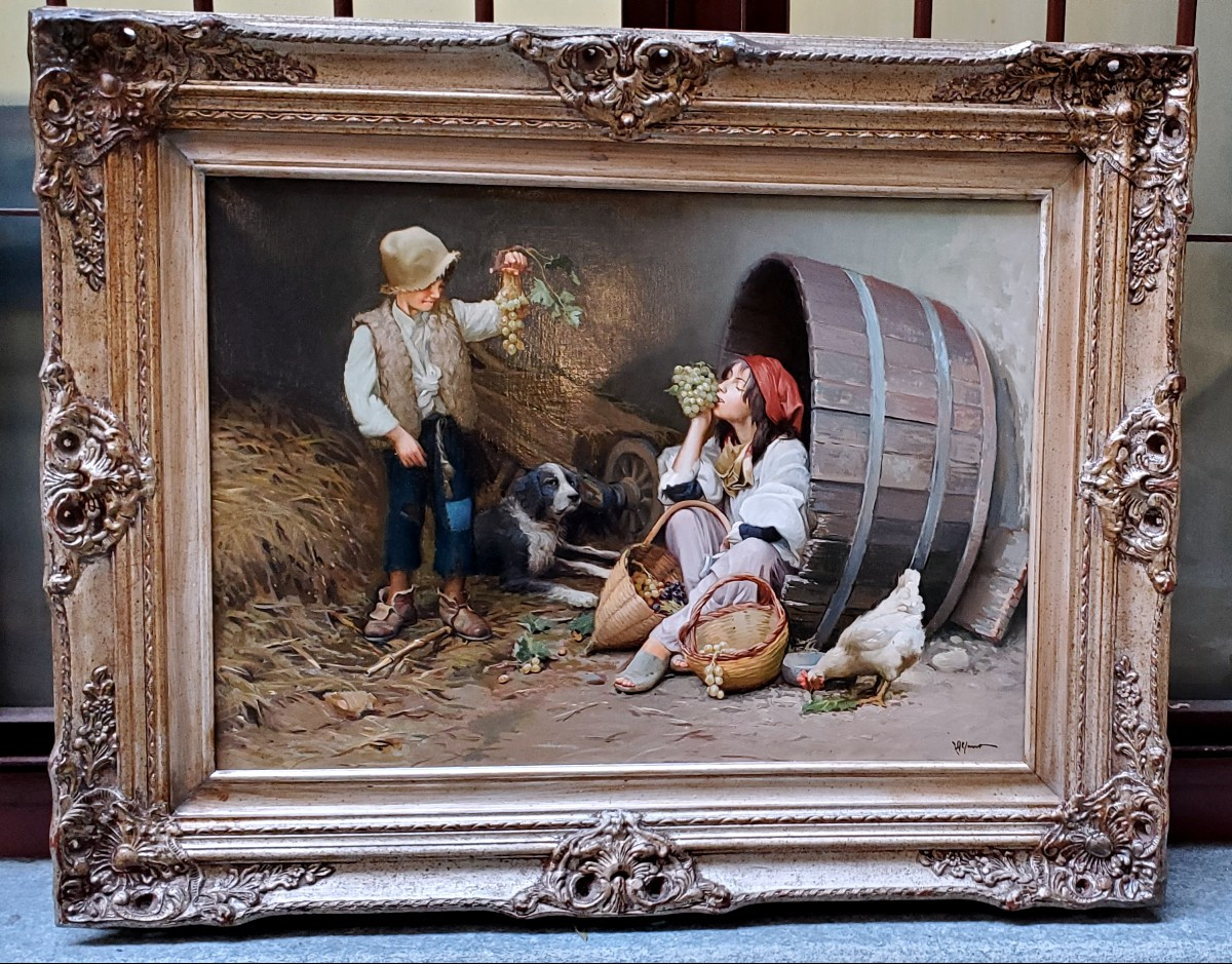 Bambini in campagna dipinto olio su tela 