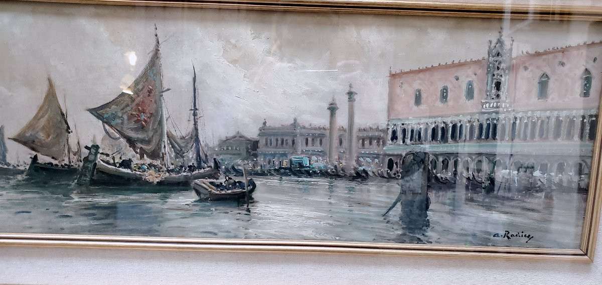 Olio su tavola raffigurante una precisa veduta di Venezia-photo-3