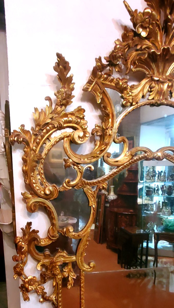  Grande Specchiera Luigi xv ,in legno scolpito e dorata in oro zecchino 18 kt . -photo-6