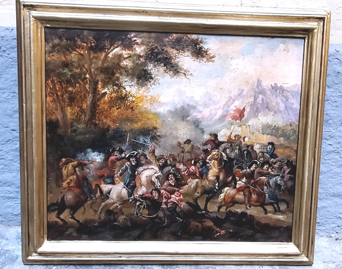 Dipinto olio su tavola raffigurante battaglia  ,XIX secolo ambito austro -tedesco . 