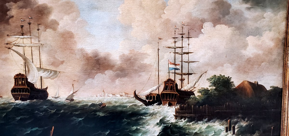 dipinto olio su tela raffigurante Marina con velieri in tempesta -photo-3