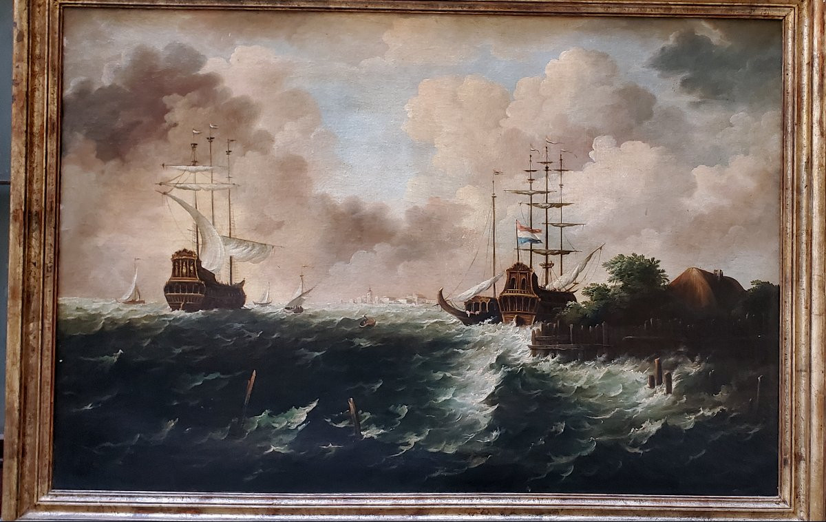 dipinto olio su tela raffigurante Marina con velieri in tempesta -photo-4