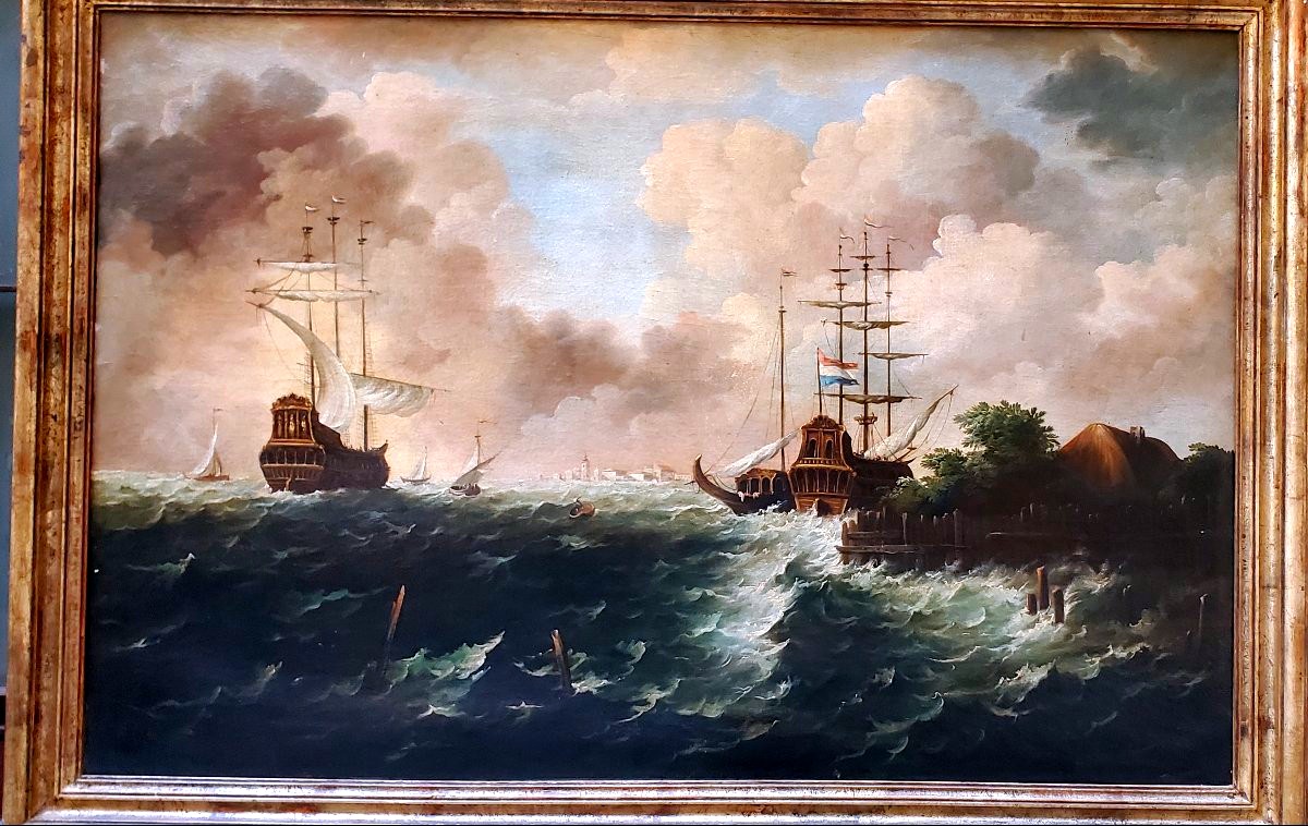 dipinto olio su tela raffigurante Marina con velieri in tempesta -photo-4