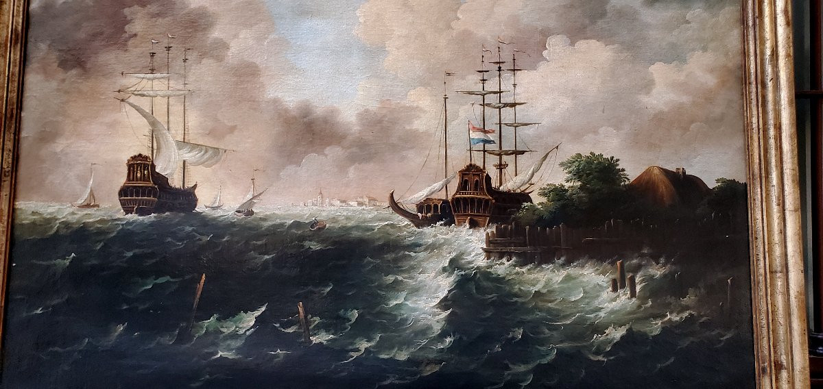 dipinto olio su tela raffigurante Marina con velieri in tempesta -photo-1