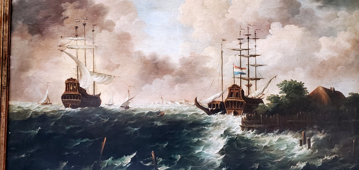 dipinto olio su tela raffigurante Marina con velieri in tempesta -photo-2