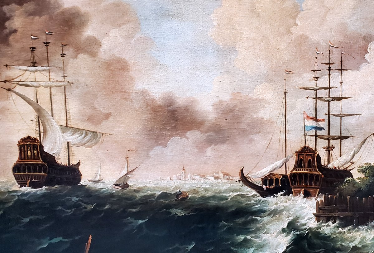 dipinto olio su tela raffigurante Marina con velieri in tempesta -photo-4