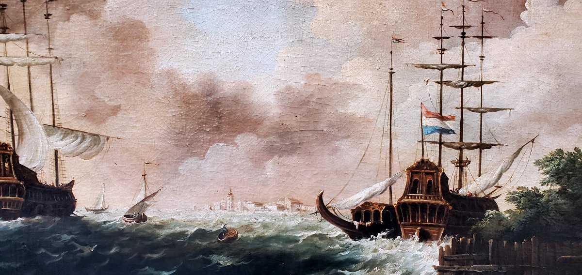 dipinto olio su tela raffigurante Marina con velieri in tempesta -photo-5