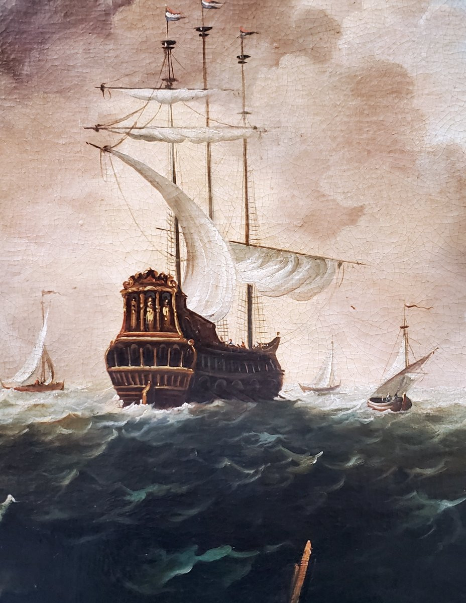 dipinto olio su tela raffigurante Marina con velieri in tempesta -photo-6