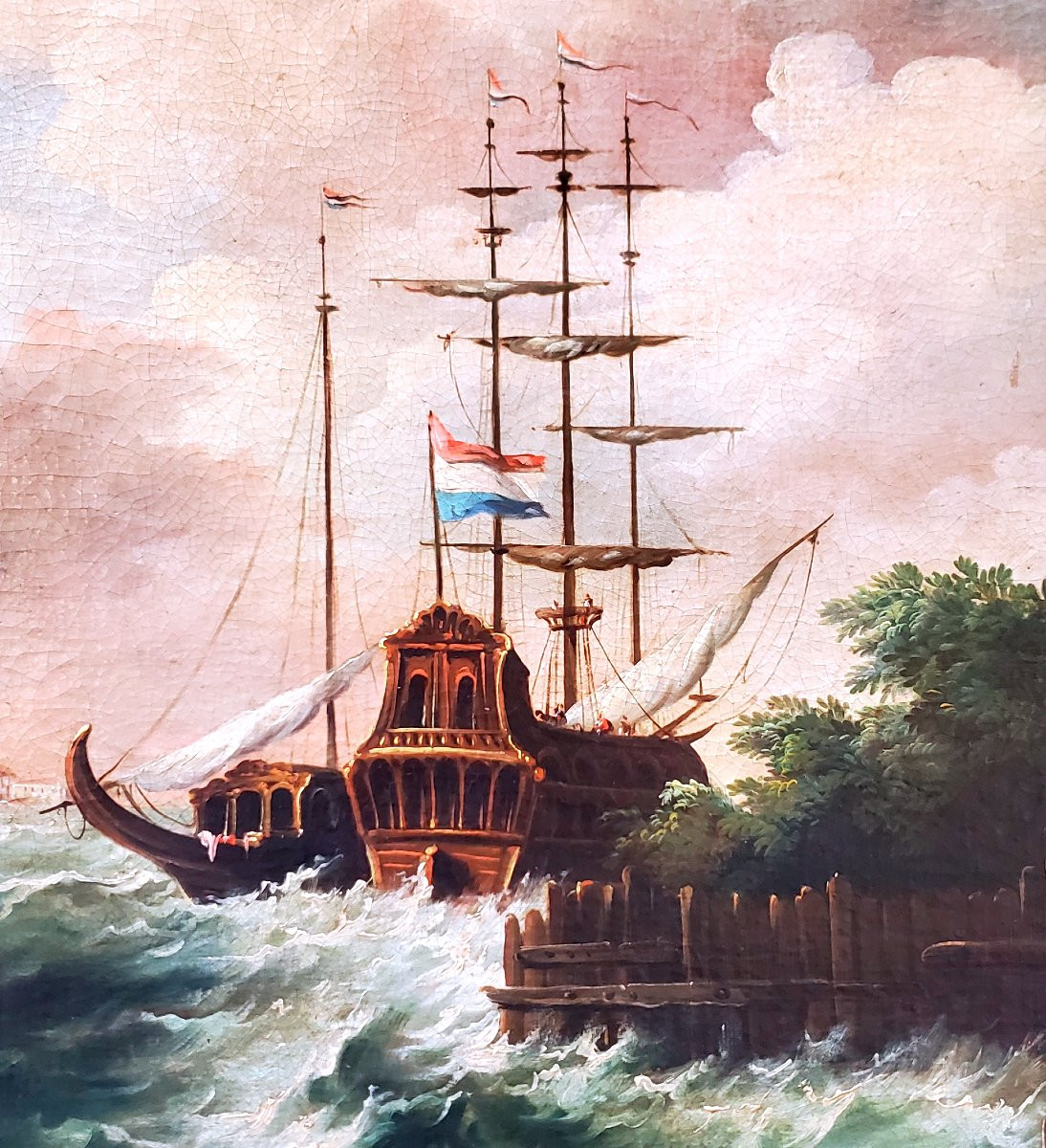 dipinto olio su tela raffigurante Marina con velieri in tempesta -photo-7